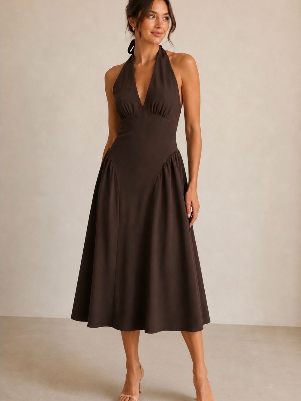 Sleeveless Halter Midi Dress in Chocolate Brown